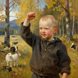 teemu pukki shakes his fist defiantly painted by akseli gallen - kallela. 3 0 year old bald with beard.. sunny autumn forest finland. in the background small mountains livestock cows lambs