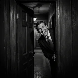 Ted Cruz with a wide grin peaking through a door in the distance at the end of a narrow corridor, black and white, creepy lighting, scary, horror, ornate, eerie, fear