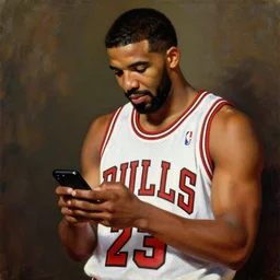 drake wearing a chicago bulls jersey and looking his phone by leonardo da vinci, brown skin, classical painting, digital painting, romantic, vivid color, oil painting
