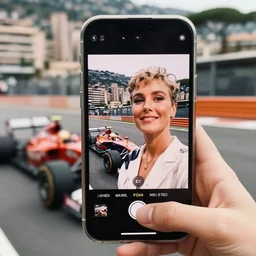 selfie smartphone photo of a young Grace Kelly at the Monaco Gran Prix, F1 cars blurred in background, iphone photo, smartphone resolution, trending on instagram, influencer photography