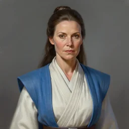 portrait of a woman by Greg Rutkowski, old jedi Mara Jade from Star Wars Expanded Universe, she is about 60 years old, wearing blue and white robes, highly detailed portrait, digital painting, artstation, concept art, smooth, sharp foccus ilustration, Artstation HQ