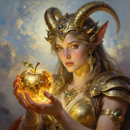 trojan horse battlefield, closeup portrait of eris discordia, holding an glowing reflective gold!!! metal apple, goddess of chaos, fantasy character portrait, ultra realistic, wide angle, intricate details, artifacts, luminous skies, michael cheval, peter mohrbacher, boris vallejo, jessica rossier, oil painting, highly detailed, cinematic lighting, unreal