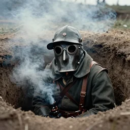 smoke,!!! colorized photography, wwi plague doctor crow mask over a dug out trench, dramatic light, zdzidaw, ultrafine, hyperrealistic, 3 2 k, 3 5 mm film still, movie