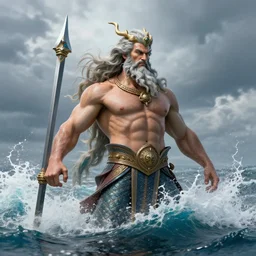 Proud Poseidon rising from the ocean, fantasy art, photorealistic
