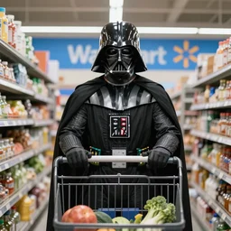 A still of a Darth Vader shopping for groceries at Walmart with a shopping cart, 4k, 35mm, photograph, photoreal, ultra realistic, highly detailed, professional lighting