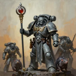 painting of grey seer skaven holding a ceremonial staff, rat person, vermintide, zdzislaw beksinski, lewis jones, dariusz zawadzki, wayne barlow, warhammer, cold hue's, warm tone gradient background, concept art