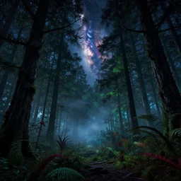 A haunted forest that comes alive under the milkway at night, beautiful, enchanted, spooky, film grain, large format photograph, forest, tree's, plants, nature, vibrant colors, by Stephen King, misty, haunted, moody, sinister, evil, cinematic lighting, cinematic color grading, 8k render, hyperrealistic, ultra HD, Unreal Engine 5 render
