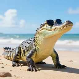 a highly detailed beautiful crocodile wearing sunglasses with smooth and streamlined skin, doing an elegant pose on the beach, artstation, deviantart, professional, octane render