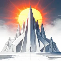 blazing sun over a geometric techno temple, fine lines, glitch, android jones