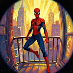 spider - man into the spider - verse ( 2 0 1 8 ), anime key visual concept art of, spider woman standing on a balcony in new york city, golden rays, by alberto mielgo, 6 0's french movie poster, french impressionism, vivid colors, palette knife and brush strokes, fish eye lens, anaglyph