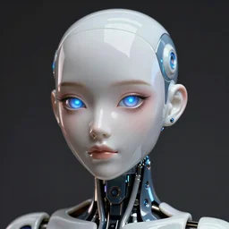 angled facial full-head portrait of a cyberpunk ceramic caliente humanoid robot Taiwanese with an attractive face and handsome features, large glowing eyes, piroca, dotado, reflective surface, trending on cgsociety, trending on artstation