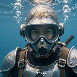 Underwater photo of a stylish person in seapunk armor by Trent Parke, staring at a camera through a visor, close up, huge bubbles, metallic patterns, clean, detailed