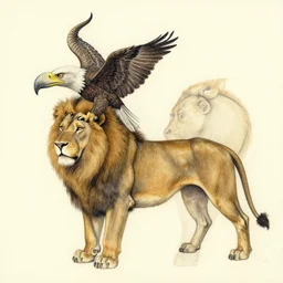 human / eagle / lion / ox hybrid with two horns, one big beak, mane, human body. drawn by francis bacon