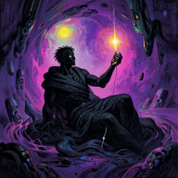 a true hero, sinking, wrapped in black, clutching a hopespark in the drifting voids. Fantasy Tron sci-fi illustration, vibrant neon inks painting, by Edvard Junjiito Picasso and Gustave Dore and Carl Critchlow