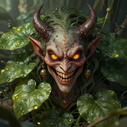 A plant demon with amber eyes, menacing smile, voracious, trending on art station