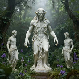 a classical marble statue of an eldritch cthulhu in a lush dense verdant garden by gil elvgren and anton fadeev and albrecht anker, horror, lovecraftian, mist, hyperrealism, volumetric lighting, god rays, ultrafine details, sfumato, purple flowers, overgrown