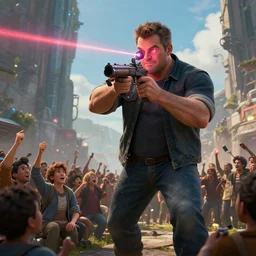 giant gabe newell shooting with lazer from eyes on peaceful people, hd, hdr, ue 5, ue 6, unreal engine 5, cinematic 4 k wallpaper, 8 k, ultra detailed, by popular digital artist, beautiful image, resolution, artstation