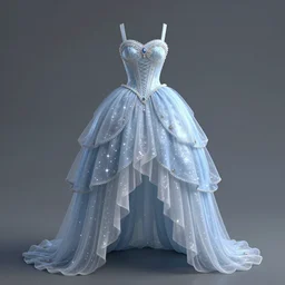 a fantasy princess dress, tube top tank top + irregular skirt with sheer light blue starlight, rococo style, designed by ziad nakad and guo pei, extremely detailed and intricate, elegant, gorgeous, surreal, super detailed, rendered by maya