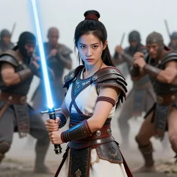 portrait of Iroquois warrior princess souronded with the crowd of fighters in fighting pose , she holds light saber and looks directly into the camera, beautiful symmetrical face, big eyes, big lips, ornamental semi transparent robes, native rich jewelry
