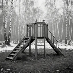 movie still by tarkovsky, old creepy playground, in a swamp snowy with birch forest backround, cinestill 8 0 0 t 3 5 mm b & w, heavy grain, high quality, noir, natural textures, photorealistic, ambient occlusion, hd, dof, mud, fog