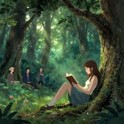 girl reads a book in a tree, far away, in the magical forest. andreas achenbach, artgerm, mikko lagerstedt, zack snyder, tokujin yoshioka