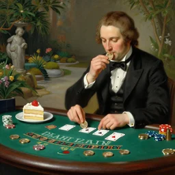 5 0 cent playing blackjack while eating cake in a zen garden, neoclassical painting, hyperrealistic