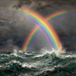 giant rainbow - colored thrashing about in a stormy ocean, by jmw turner