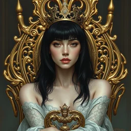 a soft and breathtaking detailed painting of a beautiful black haired woman with pale skin and a crown on her head sitted on an intricate metal throne in the style of gustav klimt, blonde hair, shiny gold, elegant, highly detailed, artstation, fluo colors, concept art, matte, sharp focus, art by gustav klimt