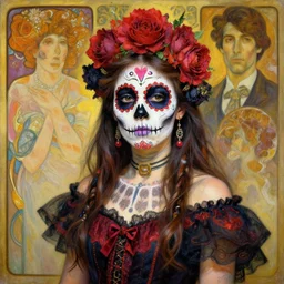realistic detailed painting of a cute punk Día de los Muertos girl by Henri de Toulouse-Lautrec Alphonse Mucha Egon Schiele Ayami Kojima Amano Charlie Bowater, masterpiece