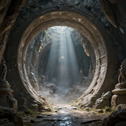 realistic photo of an ancient portal to another universe, multiverse, dimension, zbrushcentral, trending on artstation, concept art, hyperrealistic style, creature realistic render, natural volumetric lighting, high resolution, cinematic composition, realistic lighting, realistic reflection, realistic refraction, subsurface scattering