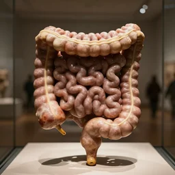 a sculpture of a rhizotamic small intestine in middle of a museum horror film practical fx