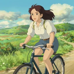 portrait art of beautiful emma stone riding a bicycle at summer hills, art by studio ghibli, makoto shinkai, wlop, trending on artstation, epic composition, intricate details