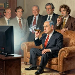 a political caricature of netanyahu sitting on a sofa, watching tv and rolling a cuban cigar, highly detailed, masterpiece, by achille superbi, paddy boehm, tom richmond, alarcon caricaturista, drew struzan, gildhardho, soy fan de quino,