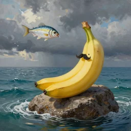 Painting of a banana with a mustache, sitting on a rock in the sea and catching fish