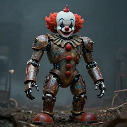 Giant Clown from the movie IT as a robot abandoned on a dusky land, artistic pose, cinematic shot, intricate, ornate, photorealistic, ultra detailed, realistic, 100mm, photography, octane, high definition, depth of field, bokeh, 8k, artstation