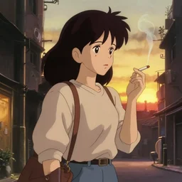 anime girl in dimly light golden gai smoking a cigarette during sunset, studio ghibli, 8 0 s anime, in the style of kimagure orange road, nostalgic, artstation, 8 k