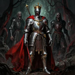 cinematic colorful horror artwork by jean delville, beksinski, bernie wrightson ; ancient knight wearing royal ornamented armor, wearing red cape, full body concept, haunting, brutal scary terrifying, 8 k hdr, creepy intricate ; dramatic lighting, insanely detailed