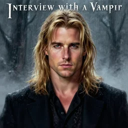 alternate cover art for the movie interview with a vampire starring a long haired blonde tom cruise as lestat de lioncourt, face centered portrait, confident, unused design, nightmare world, fog, rain, volumetric lighting, realistic illustration, perfectly shaded, soft painting, art by krenz cushart and wenjun lin