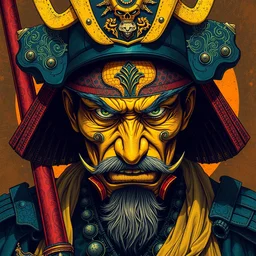 portrait of old defiant samurai, goth punk, vibrant yellow colors, surreal, french baroque style by alexander mcquee, hyper detailed, very detailed, cinematic art by bill sienkiewicz trending art, illustration comic