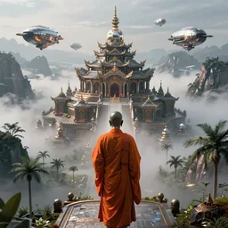 a single cyborg buddhist monk with an orange robe silhouette, a detailed metallic temple on a misty mountain, sci fi high detailed valley with palm trees, high camera angle, mystic atmosphere, a detailed metallic temple on a misty mountain, shiny metallic airships with reflections, volumetric fog, perspective painting, atmospheric shot, cinematic establishing shot, high detail digital painting, unreal engine, maya