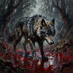 wet werewolf oil painting, horror, castlevania, lovecraftian horror, bloody, pools of blood, reflecting, set in the bloodborne videogame