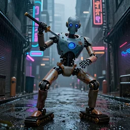 an old robot on treads holding a katana with a badass pose. Rainy Grungy neon cyberpunk alleyways in the background Badass pose , Photo realistic , Gregory Crewdson , Award winning. Masterpiece, exquisite detail, post processing