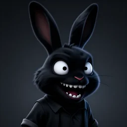 A extremely highly detailed majestic hi-res beautiful, highly detailed head and shoulders portrait of a scary terrifying, horrifying, creepy evil black cartoon rabbit with scary big eyes, earing a shirt laughing in the style of Walt Disney