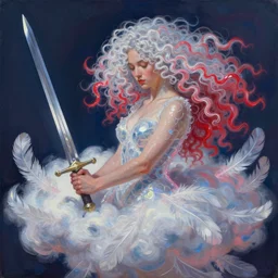 a painting of a woman who made of curly and transparent feathers cloud with red edges is holding a sword, a digital painting by charlie bowater, made of curly and transparent feathers and cloud, metaphysical painting, speedpainting, digital painting, holographic undertones, highly saturated colors, 4 k, digital art, concept art, trending on artstation