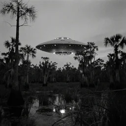 dark photo of an ufo above the louisiana swamp's, black and white, pictorialism