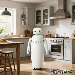 IKEA Catalogue photo of a humanoid SMEG robot in a high end farmhouse style kitchen