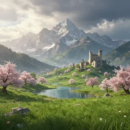beautiful render of a spring landscape, unreal engine, first light, majestic mountains, lakes, lush grass, dramatic clouds, big castle ruin, soft light, by greg rutkowski, cgsociety