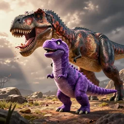 barney the purple dinosaur is being eaten by a tyrannosaurus rex
