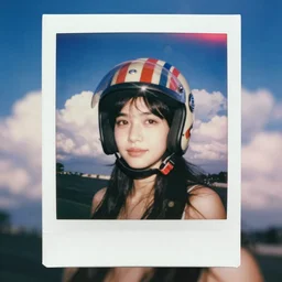 weathered old analog polaroid portrait photograph of a beautiful young woman wearing a vintage striped motor helmet, summer, azure sky, big clouds visible, lensflare, sunlight, glare, depth of field, bokeh, filmgrain, red color bleed