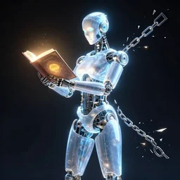 glowing robotic humanoid holding glowing book, trailing broken chains